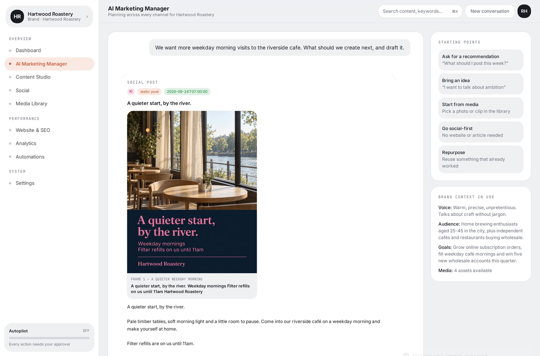 Helios creating a finished social campaign in conversation